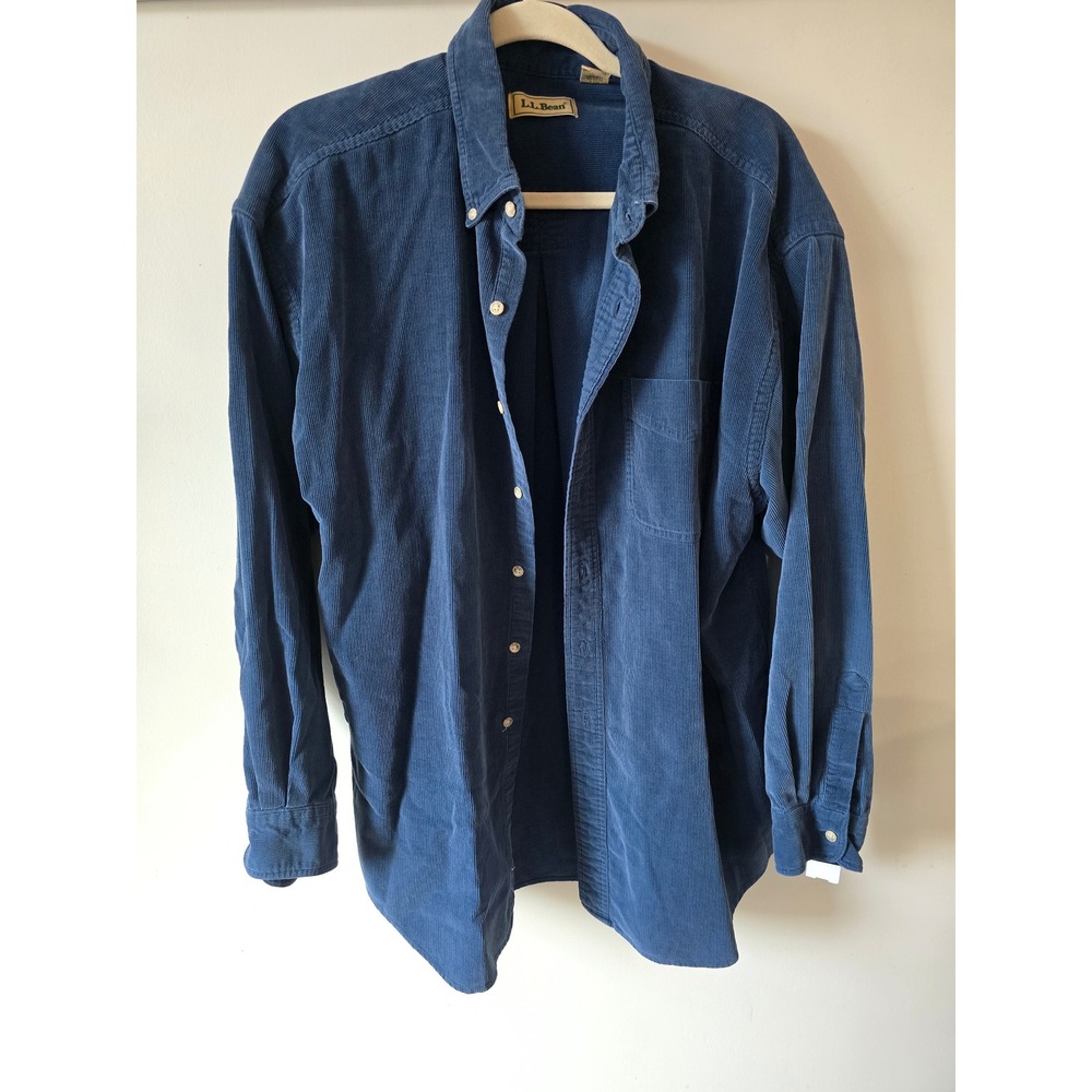 LL Bean Mens Blue Corduroy Button Down Shirt Long Sleeve Cotton Size Large Reg